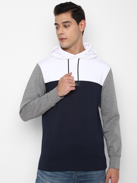 

AMERICAN EAGLE OUTFITTERS Men Navy Blue & White Colourblocked Hooded Sweatshirt