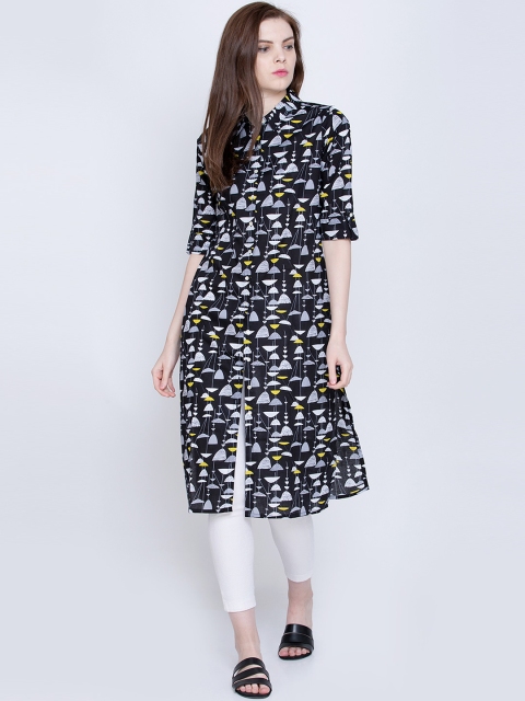 

Vishudh Women Black Printed Straight Kurta
