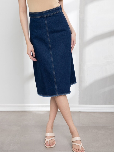 

ORIGIN BY ZALORA Women Navy Blue Denim Below Knee Pure Cotton A-Line Skirt