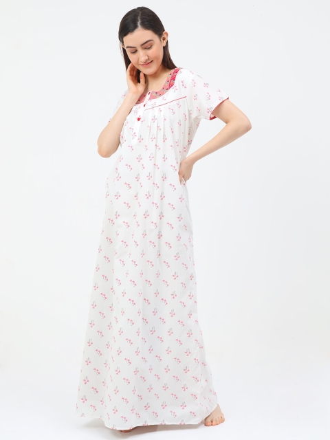 

Charak White Printed Maxi Cotton Blend Nightdress