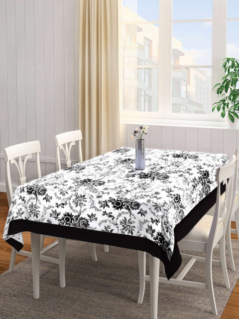 

SHADES of LIFE White & Black Floral Printed Cotton 6-Seater Table Covers
