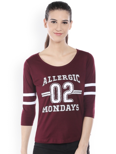 

The Dry State Women Burgundy Printed Round Neck T-shirt