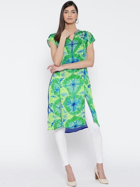 

Fusion Beats Women Green Printed Semi-Sheer Straight Kurta