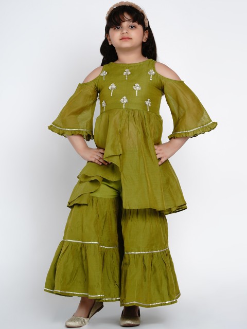 

Bitiya by Bhama Girls Green Embroidered Empire Kurta with Sharara