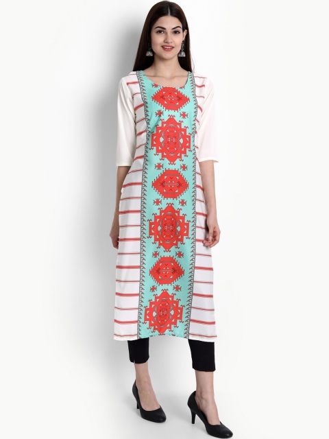 

Ethnic basket Women White & Red Tribal Printed Crepe Straight Kurta