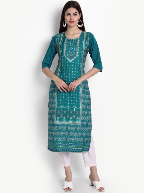 

Ethnic basket Women Teal Green Ethnic Motifs Printed Crepe Kurta
