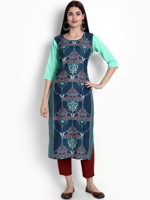 

Ethnic basket Women Blue Floral Printed Crepe Straight Kurta