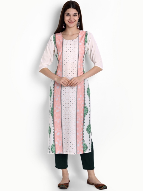 

Ethnic basket Women White & Pink Geometric Printed Straight Kurta