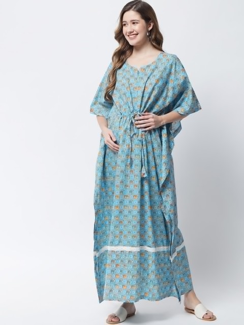 

Aujjessa Turquoise Women Blue Ethnic Motifs Maternity & Feeding Kaftan Maxi Dress, Turquoise blue