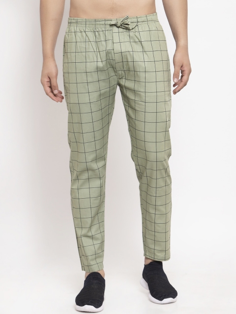 

JAINISH Men Green & Black Checked Cotton Track Pants