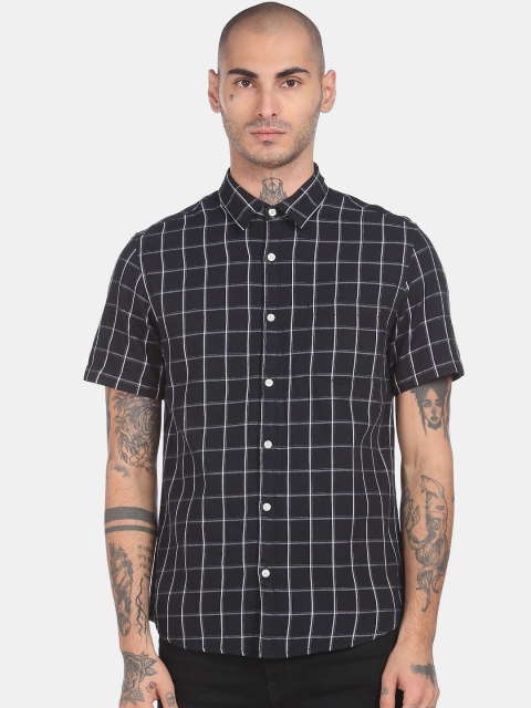 

Ruggers Men Black Windowpane Checks Checked Cotton Casual Shirt