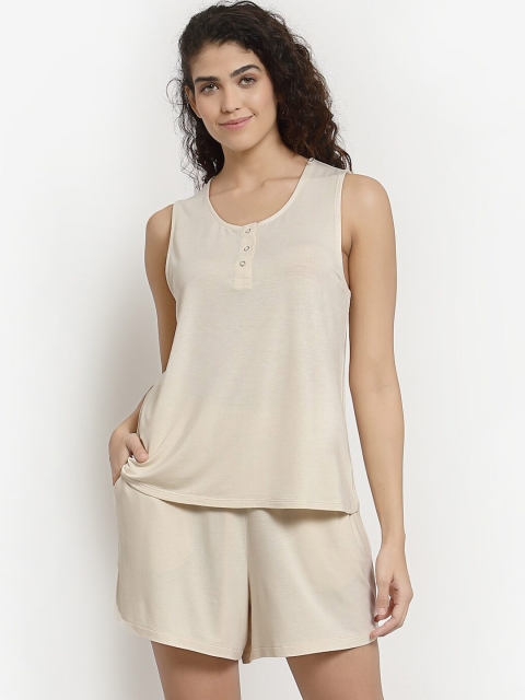 

YOONOY Women Off White Cotton Night suit