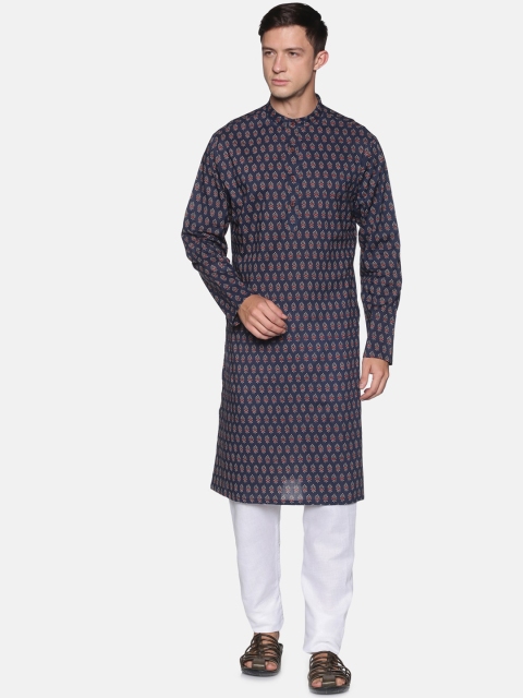 

Saffron Threads Men Navy Blue Ethnic Motifs Printed Pure Cotton Kurta with Pyjamas