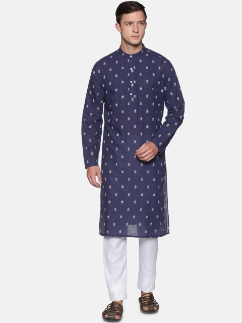 

Saffron Threads Men Navy Blue Pure Cotton Kurta with Pyjamas