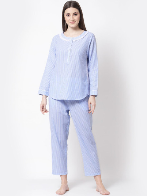 

BLANC9 Women Blue Striped Pure Cotton Night Suit With Lace Detail