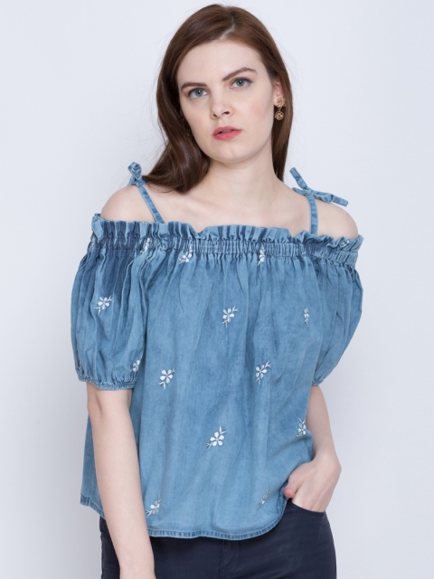 

Tokyo Talkies Blue Off-Shoulder Chambray Pure Cotton Top