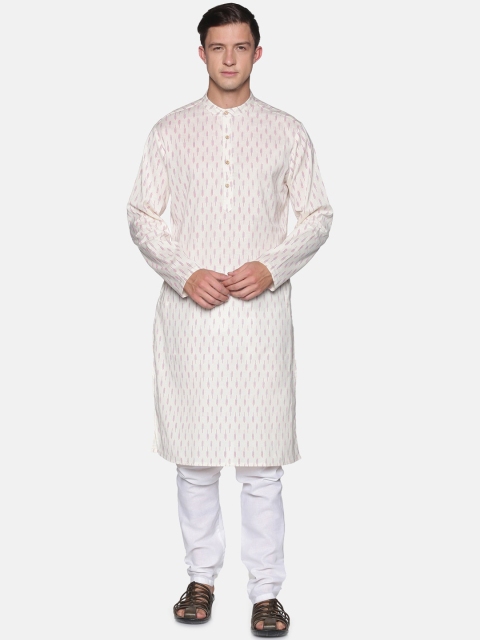 

Saffron Threads Men Off White Ikat Printed Pure Cotton Kurta with Pyjamas