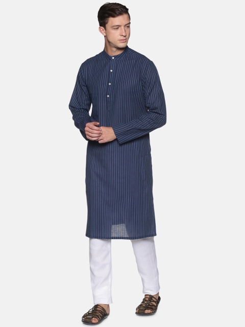 

Saffron Threads Men Navy Blue & White Pure Cotton Kurta With Pyjamas