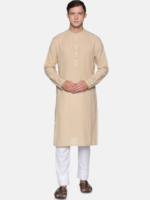 

Saffron Threads Men Beige Checked Dobby Kurta with Pyjamas