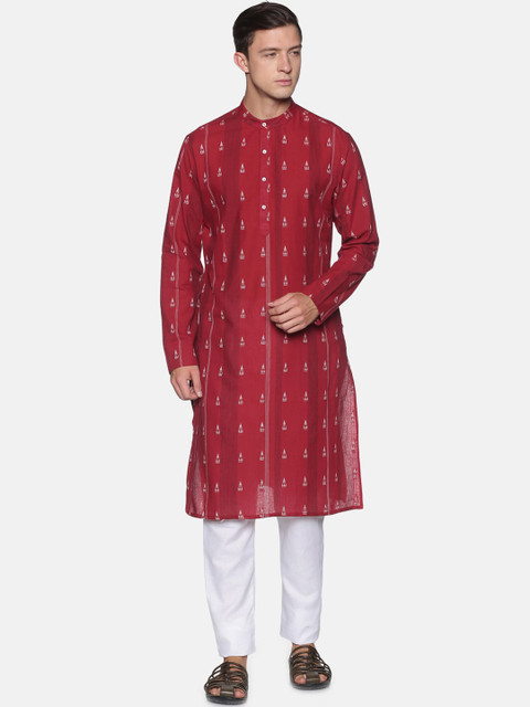 

Saffron Threads Men Maroon & White Striped Woven Design Kurta with Pyjama