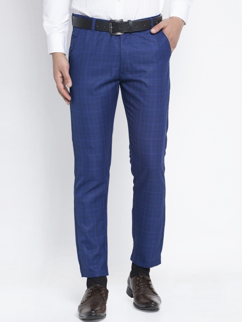 

JAINISH Men Blue Checked Smart Slim Fit Easy Wash Trousers