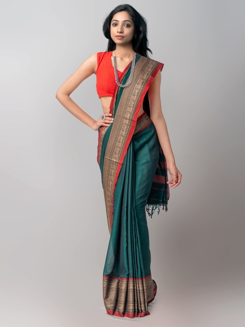 

Unnati Silks Green & Red Woven Design Pure Cotton Handloom Narayan Peth Saree