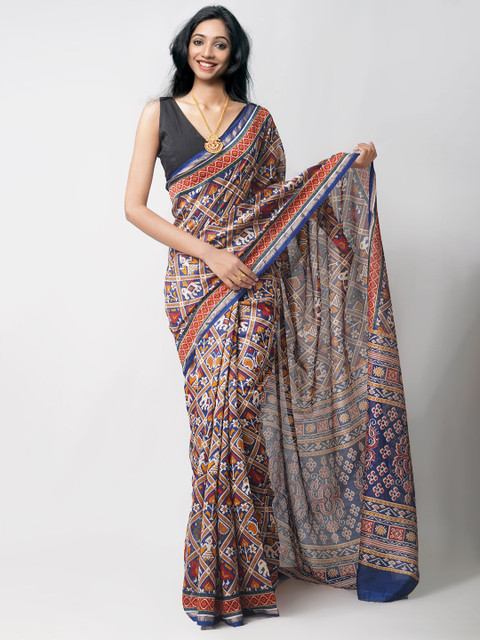 

Unnati Silks Red & Blue Ethnic Motifs Silk Cotton Chanderi Saree