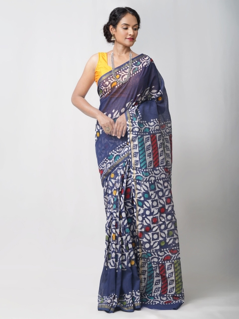 

Unnati Silks Navy Blue & White Batik Zari Silk Cotton Chanderi Saree