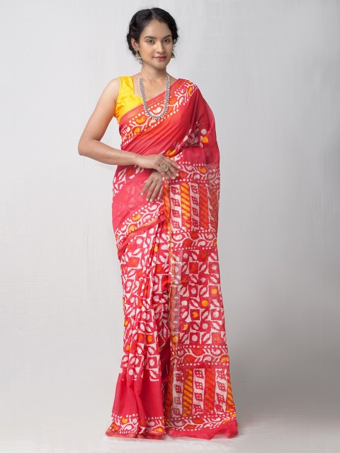 

Unnati Silks Red & Yellow Batik Chanderi Silk Cotton Saree