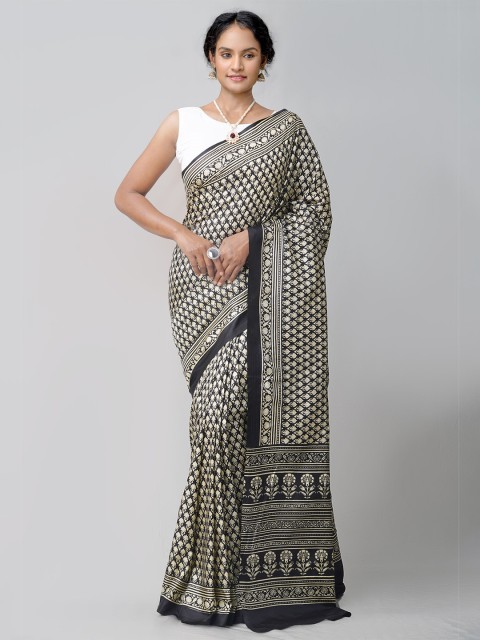 

Unnati Silks Black & White Ethnic Motifs Silk Blend Mysore Silk Saree