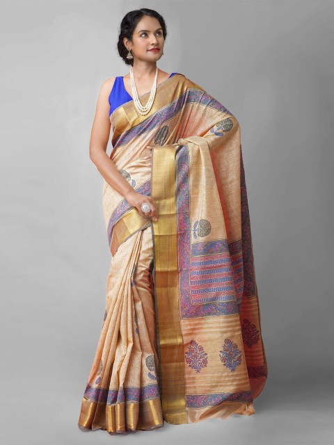 

Unnati Silks Brown Hand Block Printed Maheshwari Jute Sico Saree