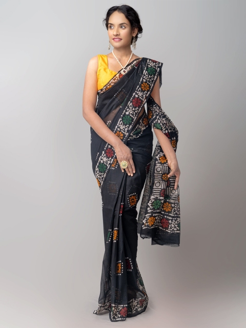 

Unnati Silks Black & Orange Batik Printed Pure Cotton Kota Saree