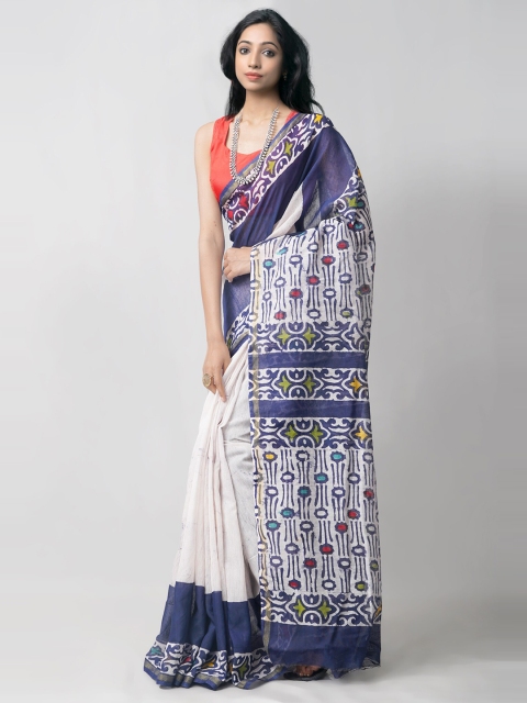 

Unnati Silks Navy Blue & White Batik Zari Chanderi Silk Cotton Saree