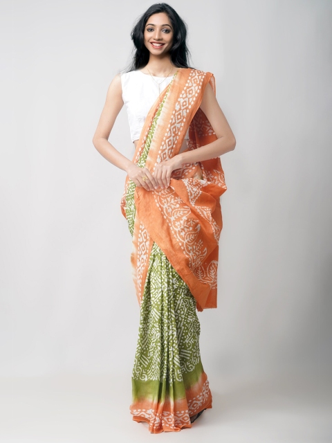 

Unnati Silks Green & Orange Batik Pure Cotton Kota Saree