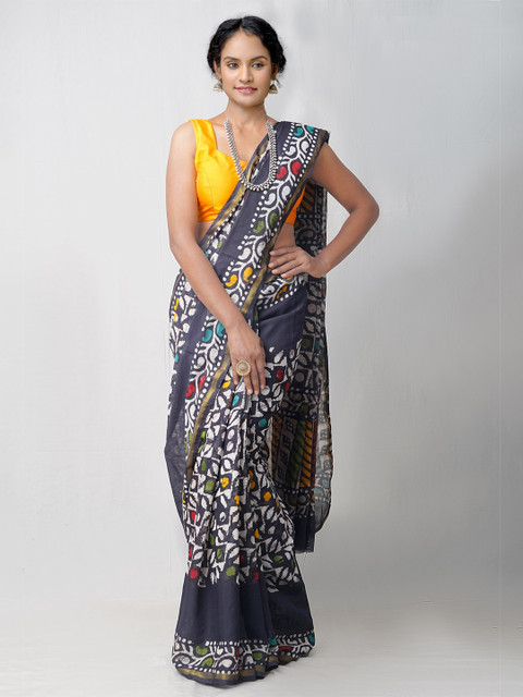 

Unnati Silks Black & White Ethnic Motifs Silk Cotton Chanderi Saree