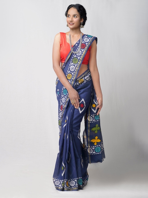 

Unnati Silks Blue & White Ethnic Motifs Silk Cotton Chanderi Saree