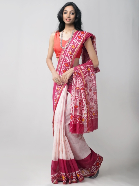 

Unnati Silks Maroon & White Ethnic Motifs Silk Cotton Chanderi Saree