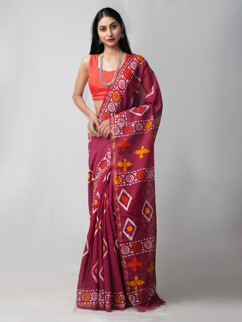 

Unnati Silks Maroon & Gold-Toned Ethnic Motifs Zari Silk Cotton Chanderi Saree