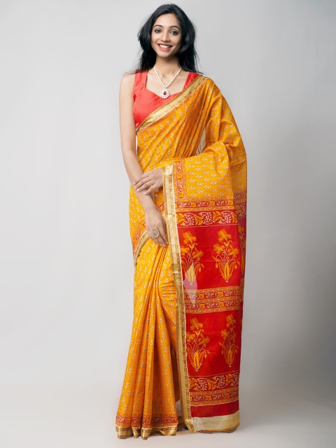 

Unnati Silks Yellow & Gold-Toned Ethnic Motifs Zari Pure Cotton Kovai Saree