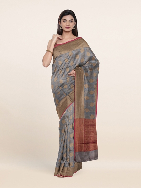 

Pothys Grey & Gold-Toned Ethnic Motifs Zari Saree