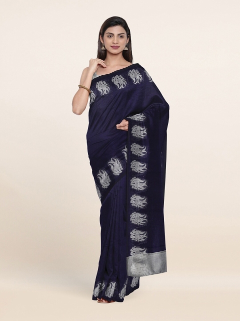 

Pothys Navy Blue & Silver-Toned Ethnic Motifs Zari Saree