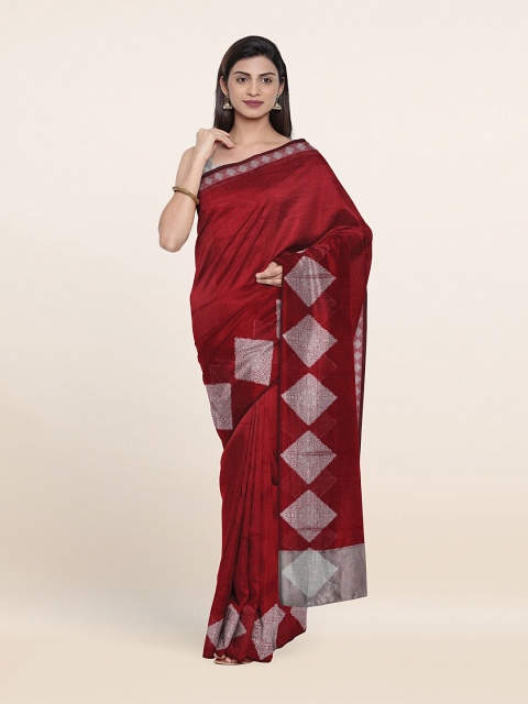 

Pothys Maroon & Silver-Toned Zari Cotton Blend Saree