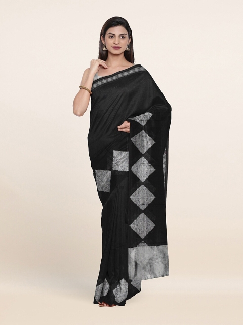 

Pothys Black & Silver-Toned Zari Cotton Blend Saree
