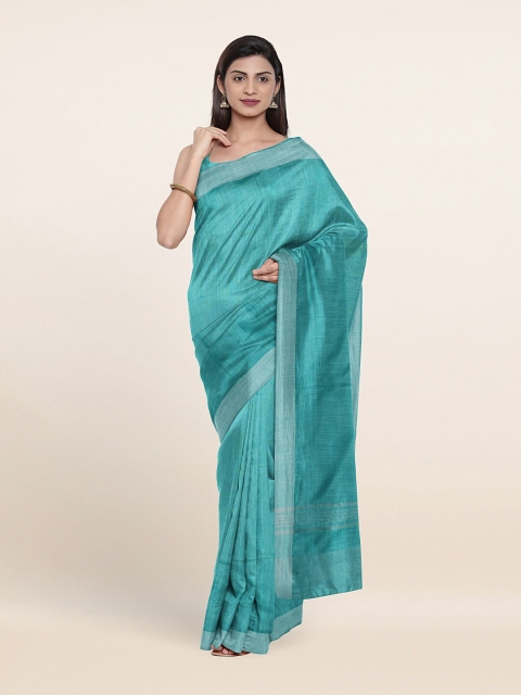 

Pothys Sea Green & Silver-Toned Zari Linen Blend Saree