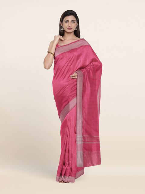

Pothys Pink & Silver-Toned Woven Design Zari Linen Blend Saree