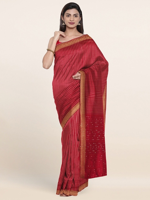 

Pothys Red & Gold-Toned Striped Sequinned Jute Cotton Saree