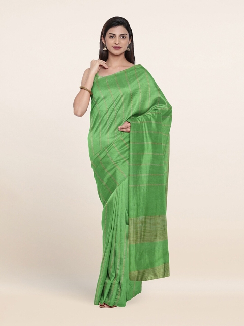 

Pothys Green & Tan Striped Jute Cotton Saree