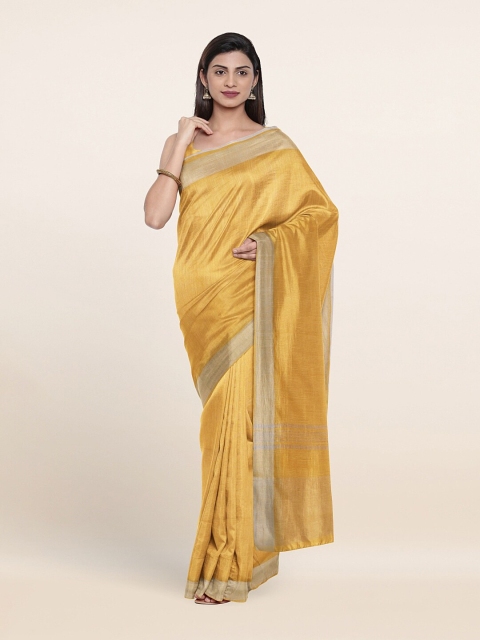 

Pothys Yellow & Silver-Toned Woven Design Linen Saree