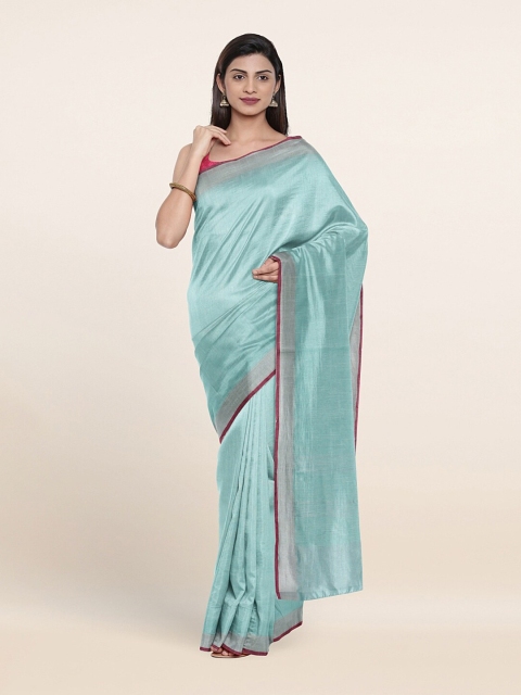 

Pothys Women Mint Green Solid Linen Blend Sarees