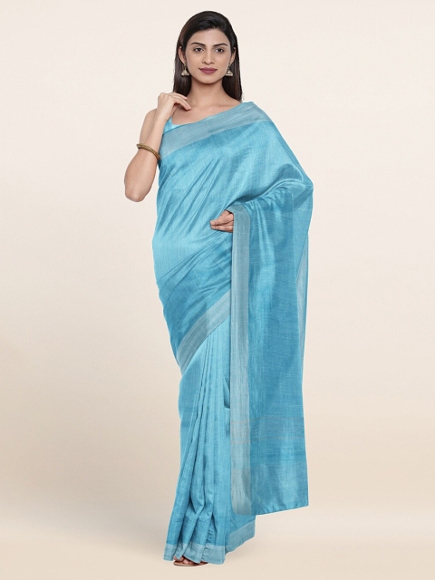 

Pothys Blue & Silver-Toned Zari Linen Blend Saree